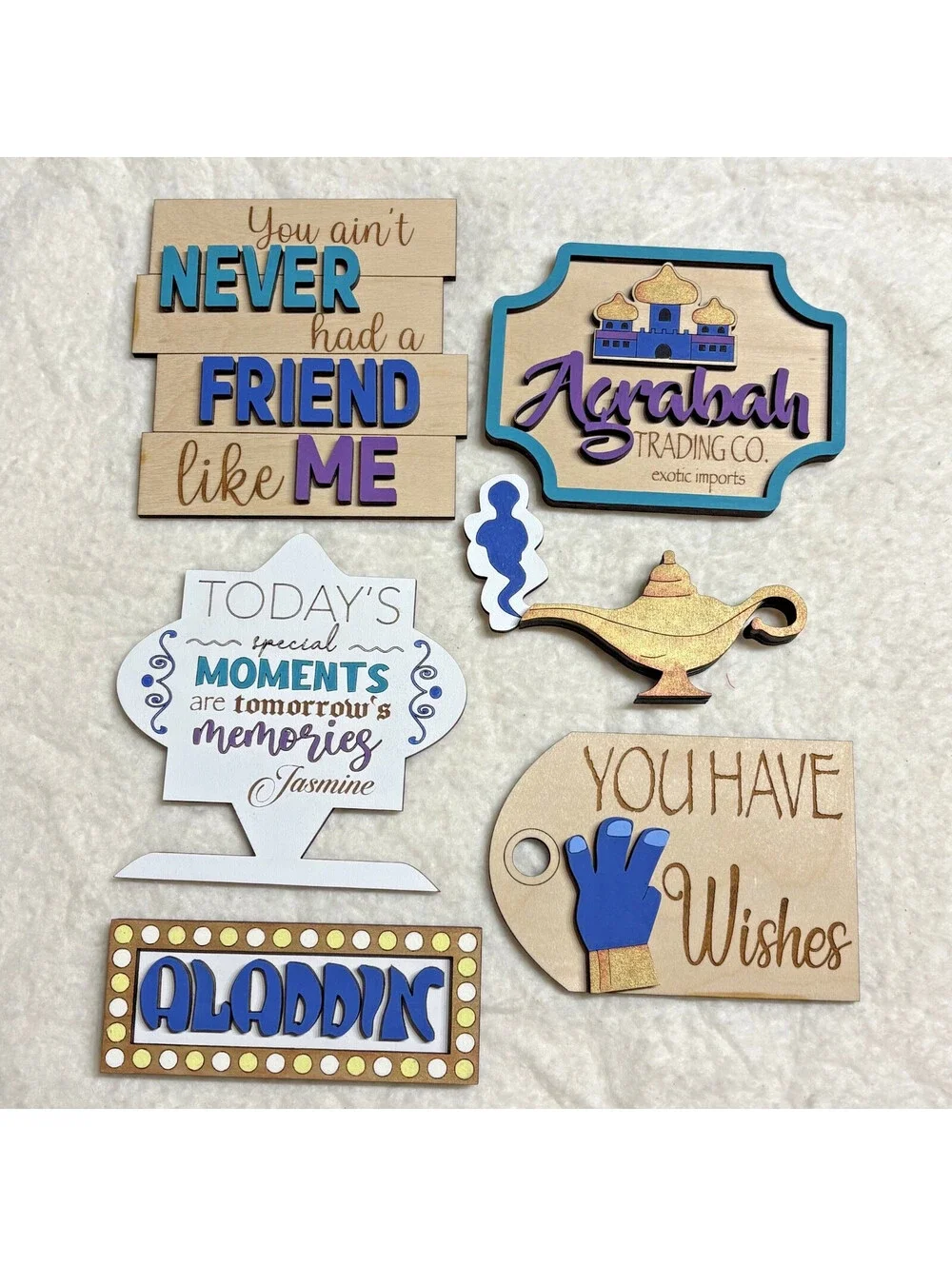 lot of 6 Pcs Aladdin Tiered Tray Decor Set Wooden Signs - hand painted OOAK